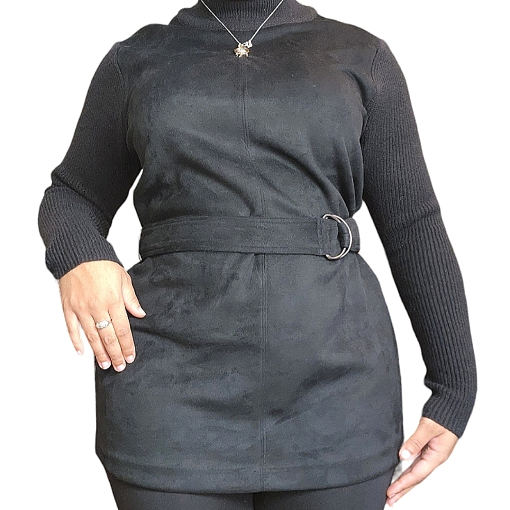 Ann Taylor Black Suede Mock Neck Belted Tunic Sweater